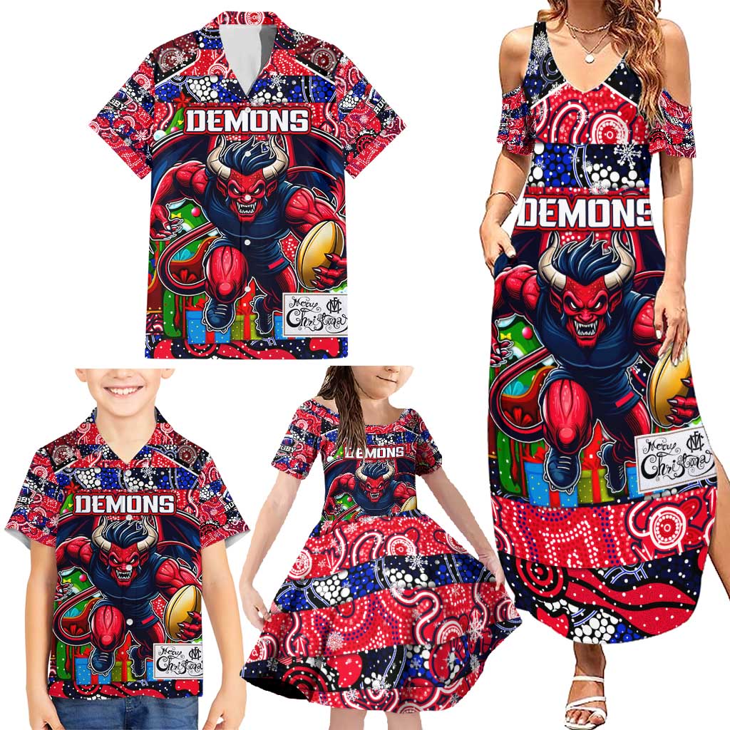 Custom Demons Rugby Merry Christmas Family Matching Summer Maxi Dress and Hawaiian Shirt Indigenous Australian Art