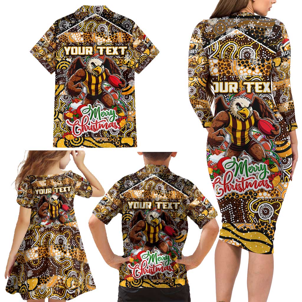 Custom Hawks Rugby Merry Christmas Family Matching Long Sleeve Bodycon Dress and Hawaiian Shirt Indigenous Australian Art