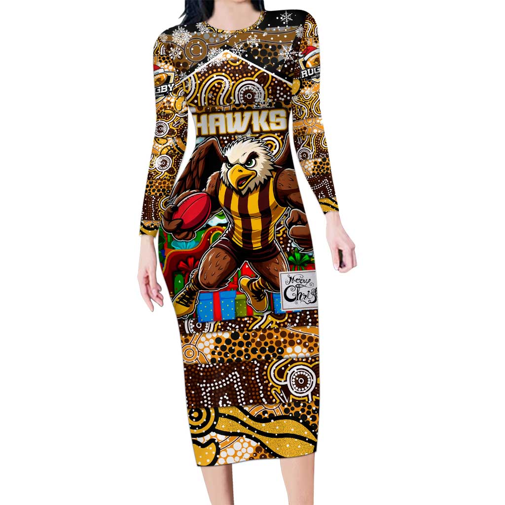 Custom Hawks Rugby Merry Christmas Family Matching Long Sleeve Bodycon Dress and Hawaiian Shirt Indigenous Australian Art