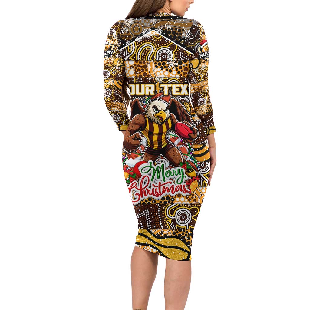 Custom Hawks Rugby Merry Christmas Family Matching Long Sleeve Bodycon Dress and Hawaiian Shirt Indigenous Australian Art
