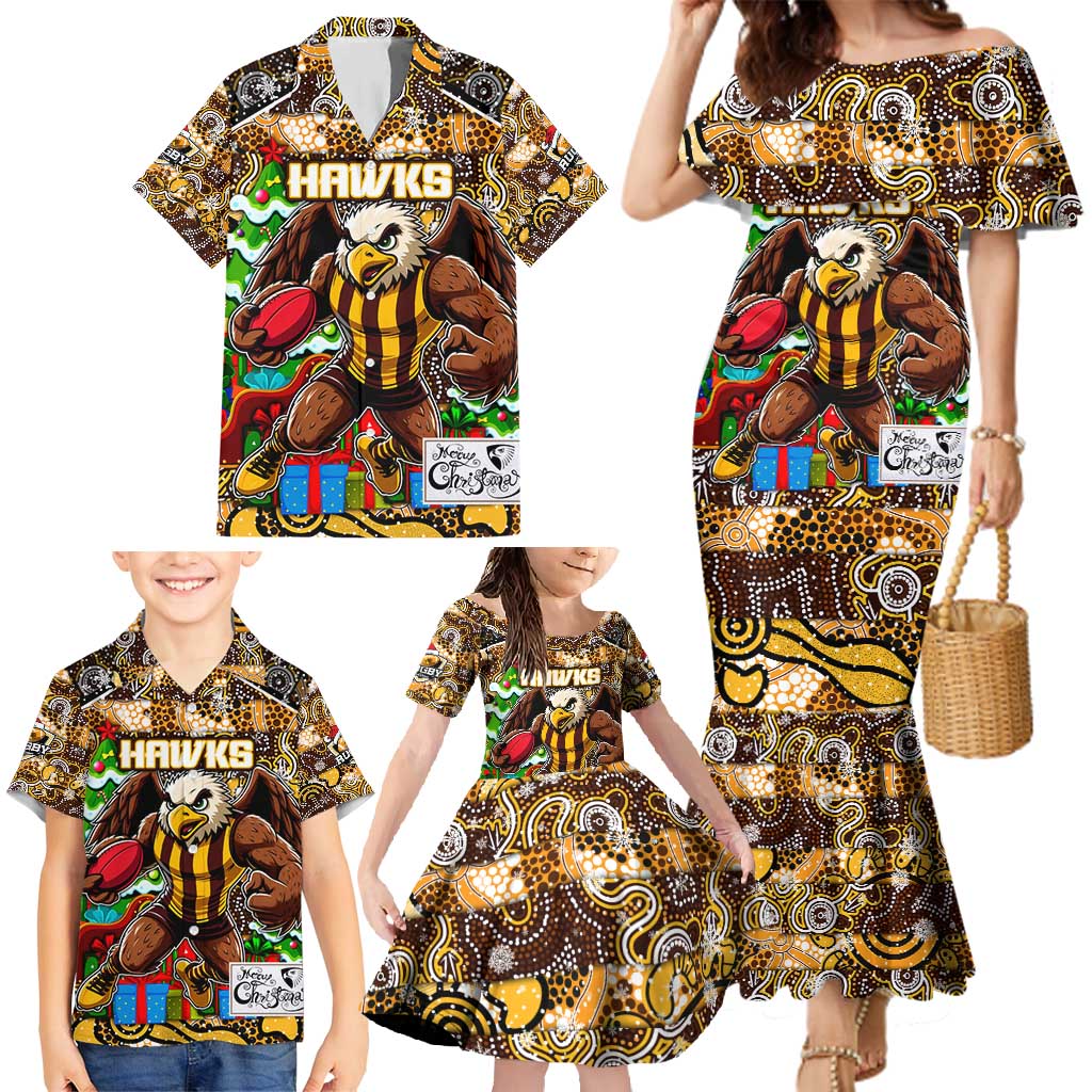 Custom Hawks Rugby Merry Christmas Family Matching Mermaid Dress and Hawaiian Shirt Indigenous Australian Art