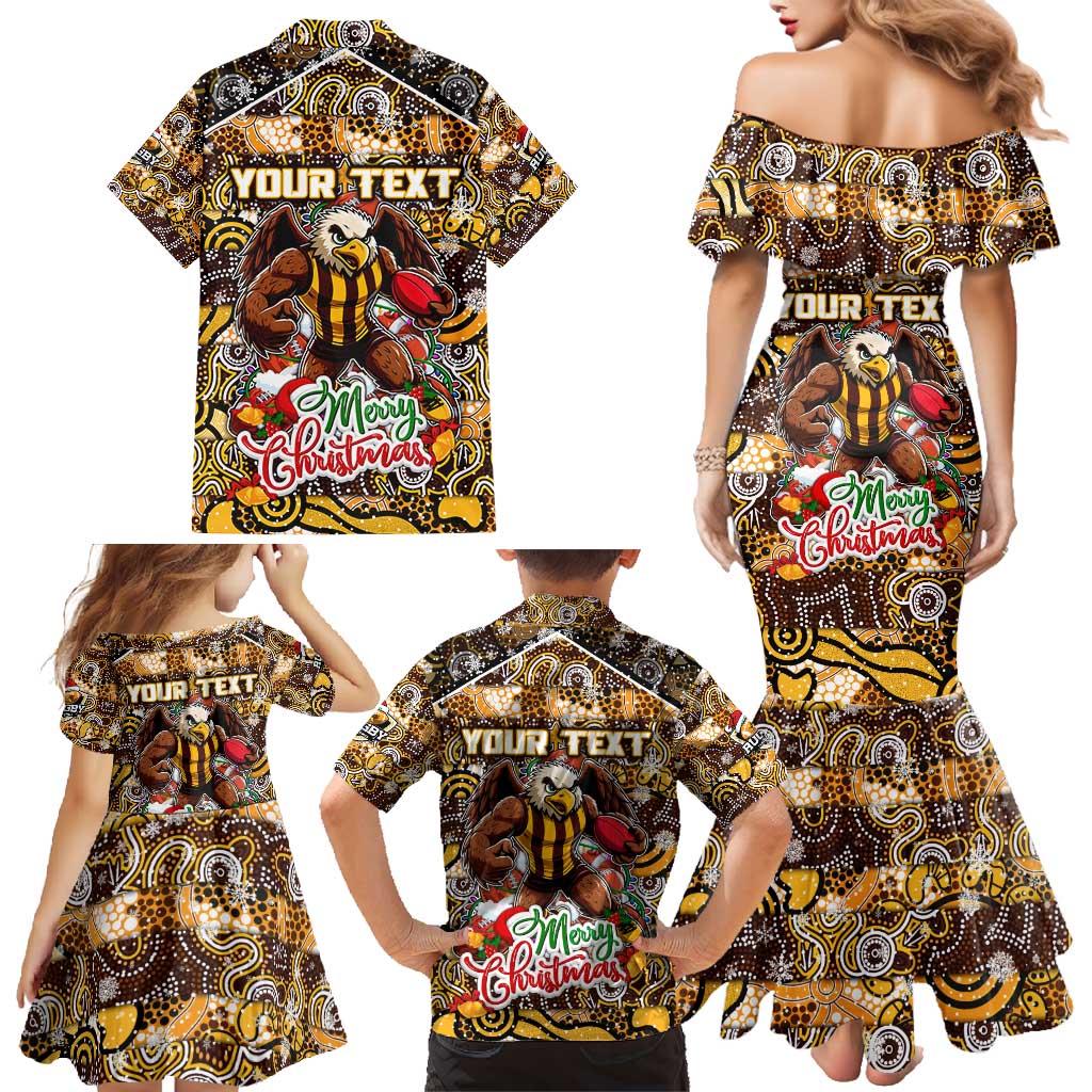 Custom Hawks Rugby Merry Christmas Family Matching Mermaid Dress and Hawaiian Shirt Indigenous Australian Art