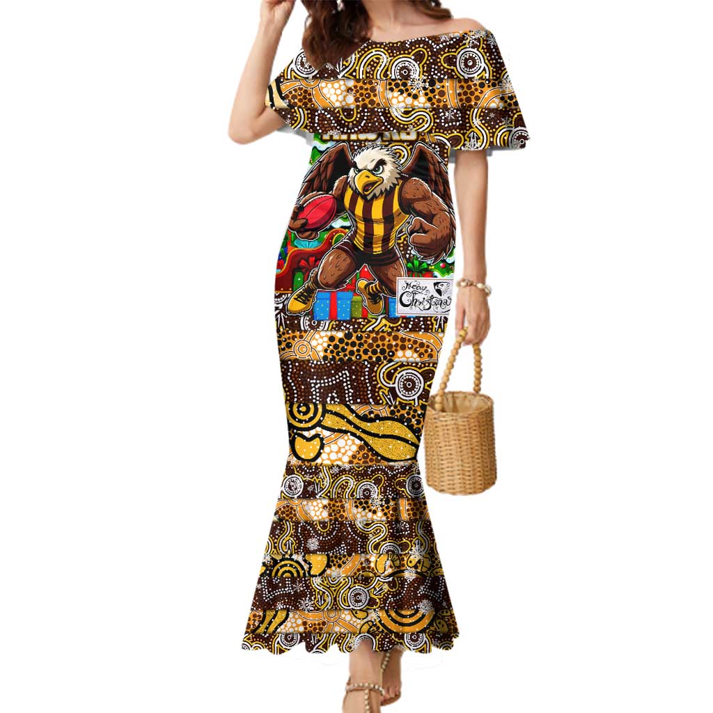 Custom Hawks Rugby Merry Christmas Family Matching Mermaid Dress and Hawaiian Shirt Indigenous Australian Art