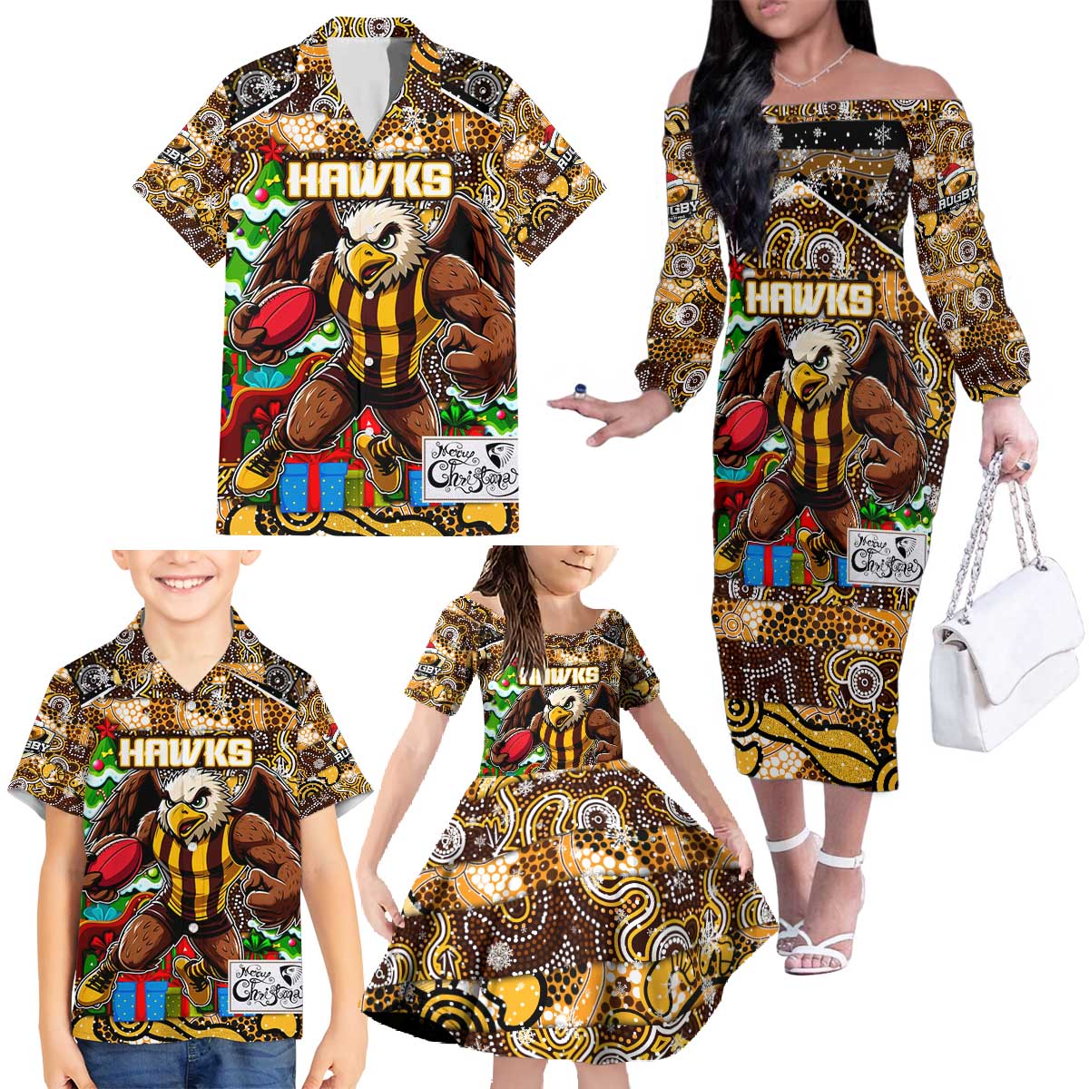 Custom Hawks Rugby Merry Christmas Family Matching Off The Shoulder Long Sleeve Dress and Hawaiian Shirt Indigenous Australian Art