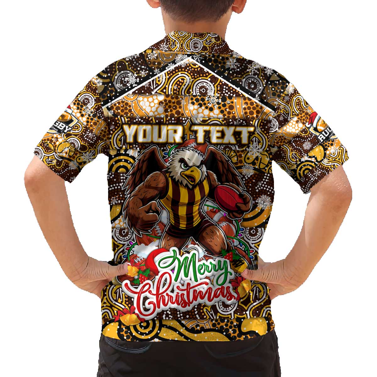 Custom Hawks Rugby Merry Christmas Family Matching Off The Shoulder Long Sleeve Dress and Hawaiian Shirt Indigenous Australian Art