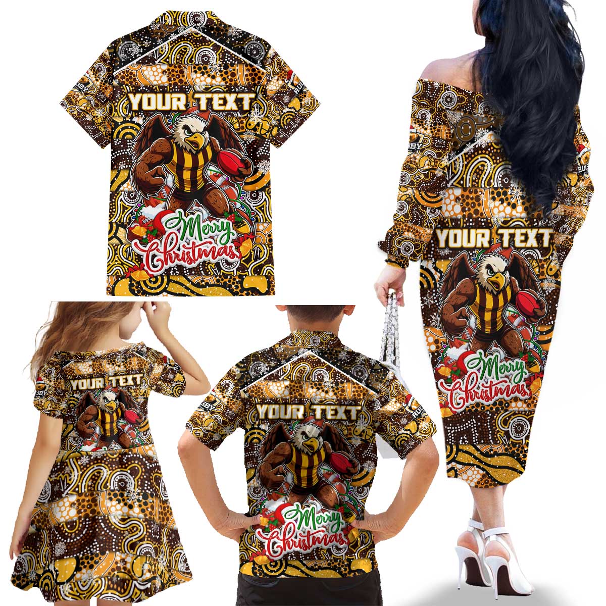 Custom Hawks Rugby Merry Christmas Family Matching Off The Shoulder Long Sleeve Dress and Hawaiian Shirt Indigenous Australian Art