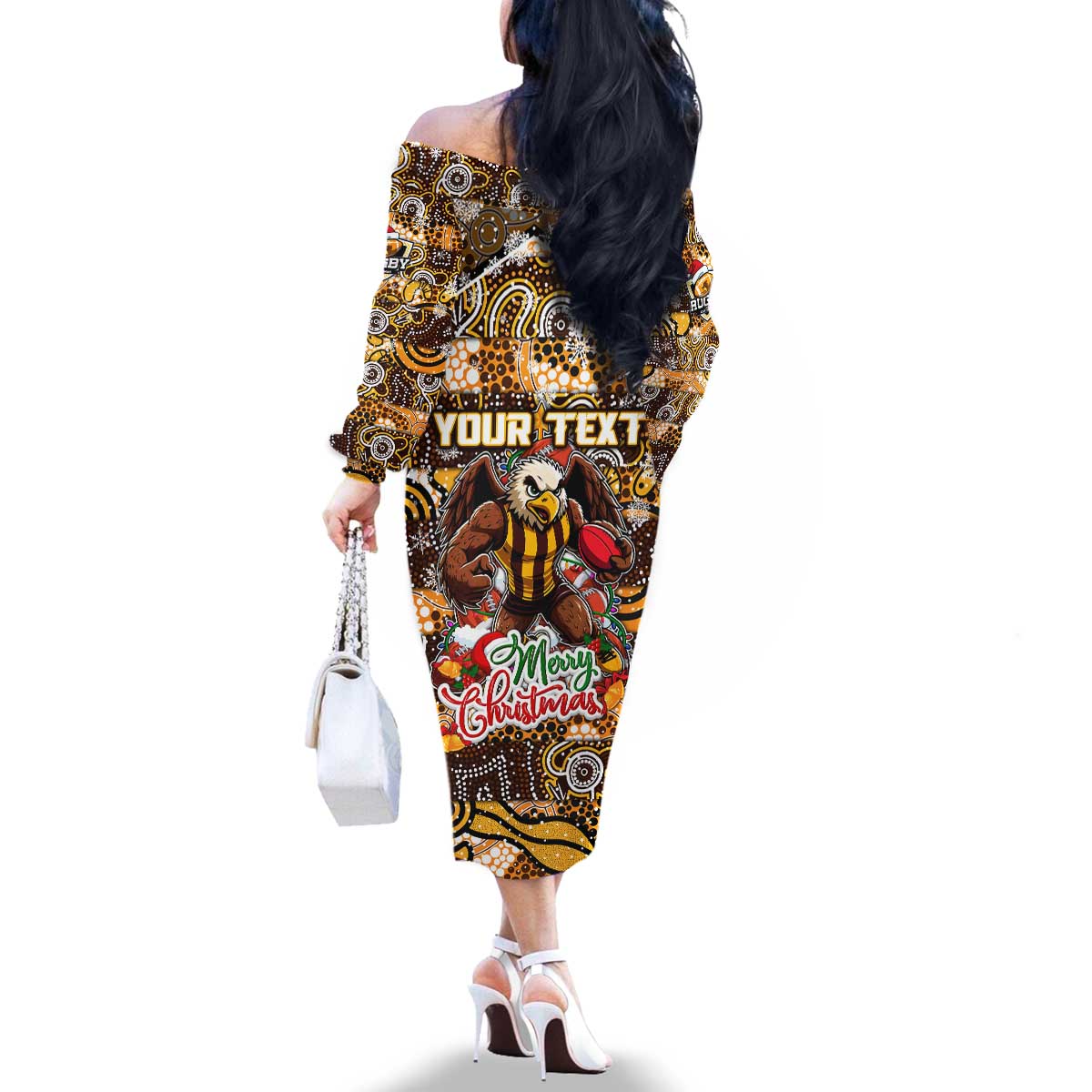 Custom Hawks Rugby Merry Christmas Family Matching Off The Shoulder Long Sleeve Dress and Hawaiian Shirt Indigenous Australian Art