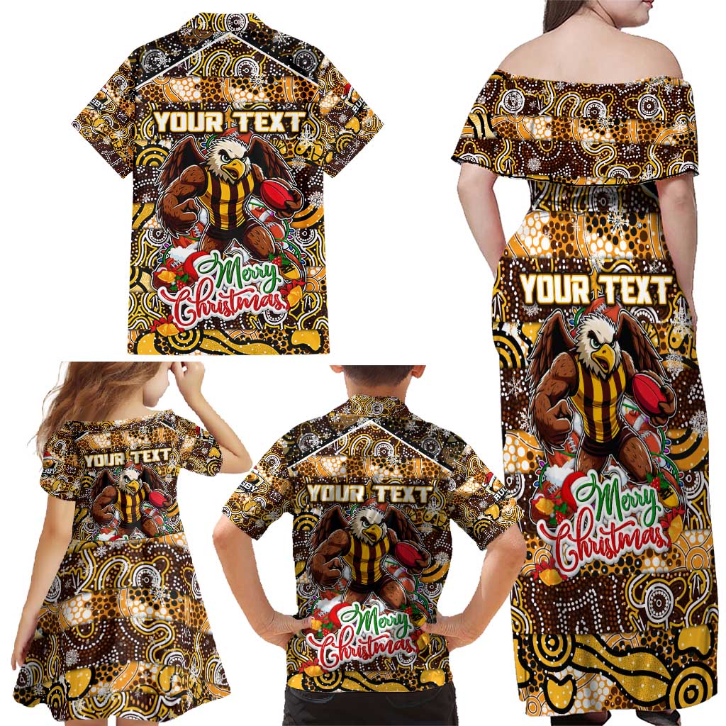 Custom Hawks Rugby Merry Christmas Family Matching Off Shoulder Maxi Dress and Hawaiian Shirt Indigenous Australian Art
