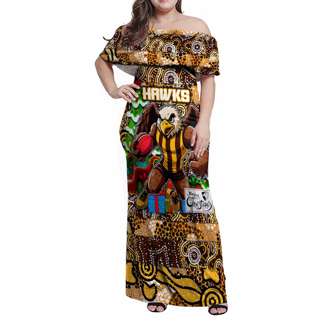 Custom Hawks Rugby Merry Christmas Family Matching Off Shoulder Maxi Dress and Hawaiian Shirt Indigenous Australian Art