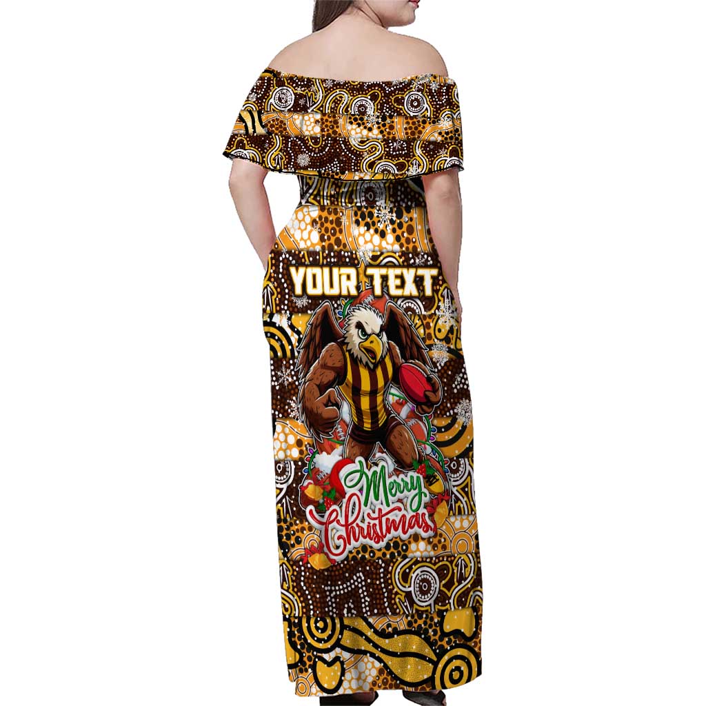 Custom Hawks Rugby Merry Christmas Family Matching Off Shoulder Maxi Dress and Hawaiian Shirt Indigenous Australian Art