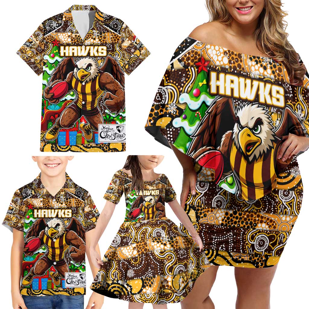 Custom Hawks Rugby Merry Christmas Family Matching Off Shoulder Short Dress and Hawaiian Shirt Indigenous Australian Art