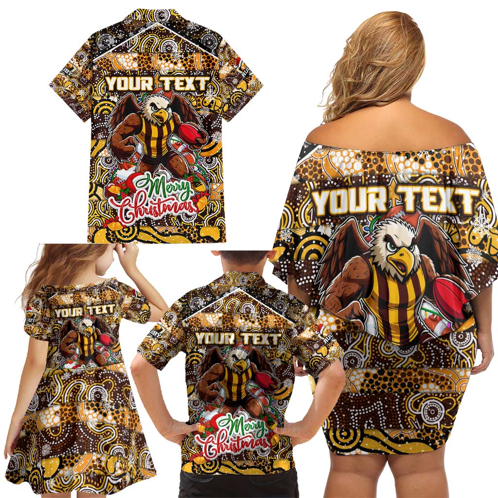 Custom Hawks Rugby Merry Christmas Family Matching Off Shoulder Short Dress and Hawaiian Shirt Indigenous Australian Art