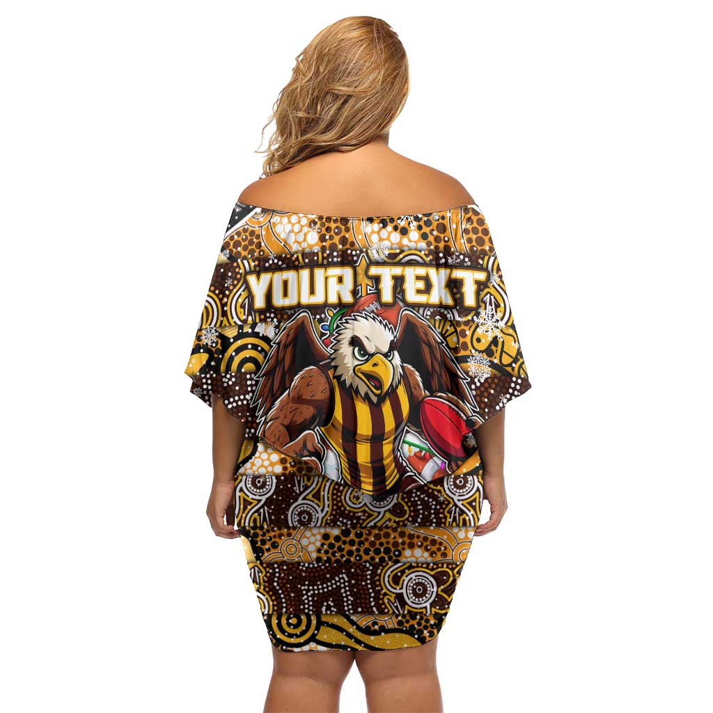Custom Hawks Rugby Merry Christmas Family Matching Off Shoulder Short Dress and Hawaiian Shirt Indigenous Australian Art