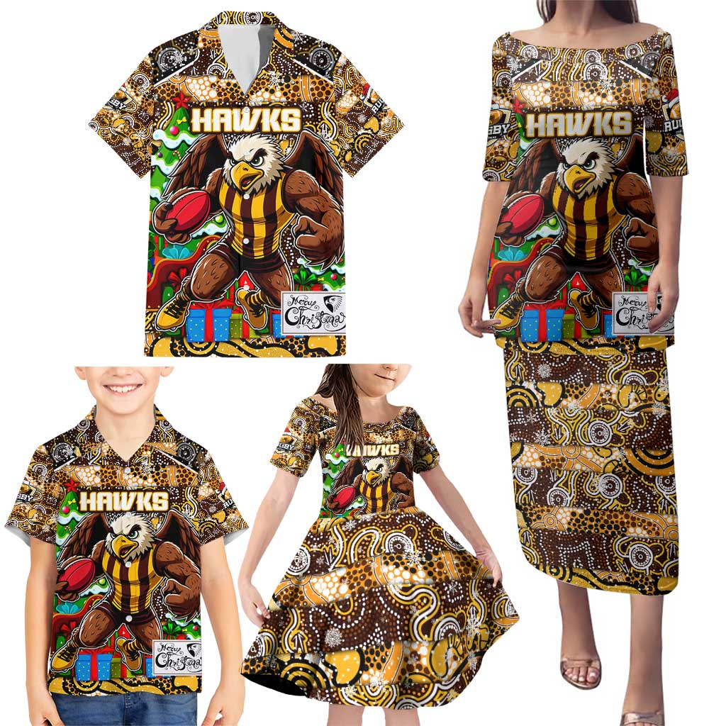 Custom Hawks Rugby Merry Christmas Family Matching Puletasi and Hawaiian Shirt Indigenous Australian Art