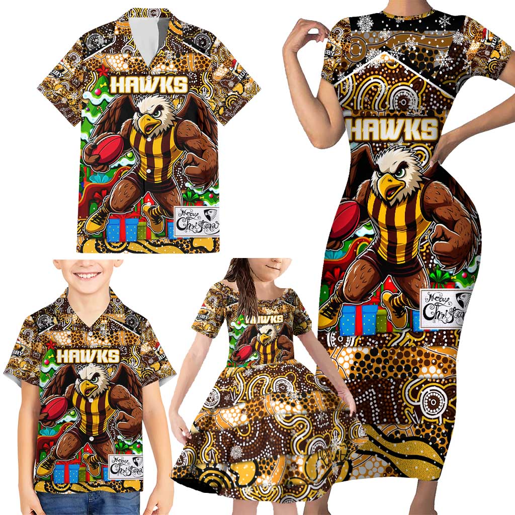 Custom Hawks Rugby Merry Christmas Family Matching Short Sleeve Bodycon Dress and Hawaiian Shirt Indigenous Australian Art