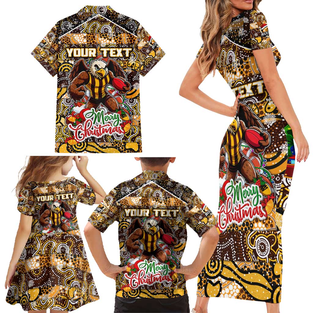 Custom Hawks Rugby Merry Christmas Family Matching Short Sleeve Bodycon Dress and Hawaiian Shirt Indigenous Australian Art