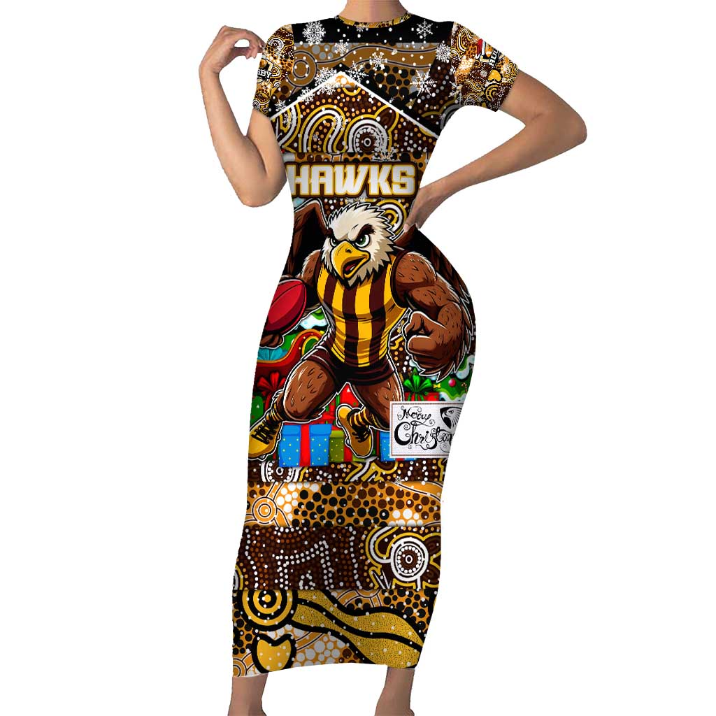Custom Hawks Rugby Merry Christmas Family Matching Short Sleeve Bodycon Dress and Hawaiian Shirt Indigenous Australian Art