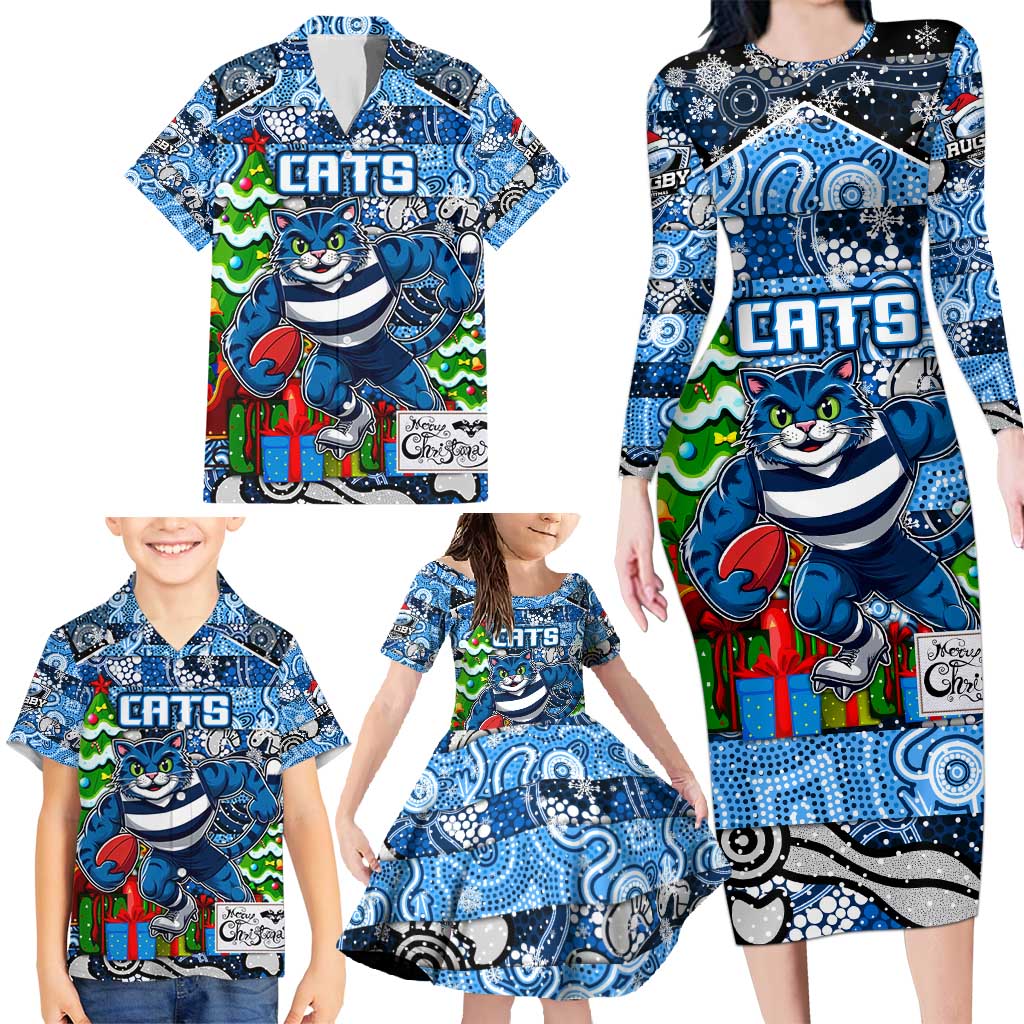 Custom Cats Rugby Merry Christmas Family Matching Long Sleeve Bodycon Dress and Hawaiian Shirt Indigenous Australian Art