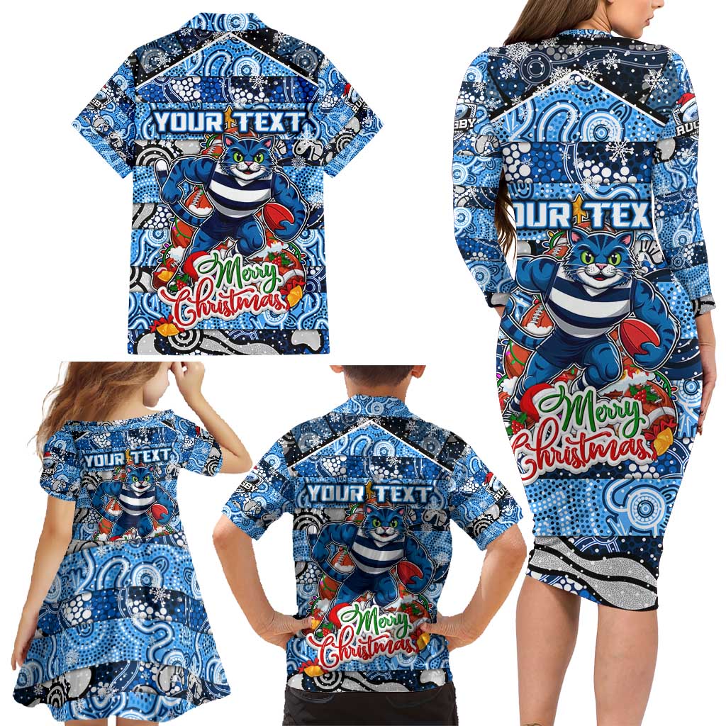 Custom Cats Rugby Merry Christmas Family Matching Long Sleeve Bodycon Dress and Hawaiian Shirt Indigenous Australian Art