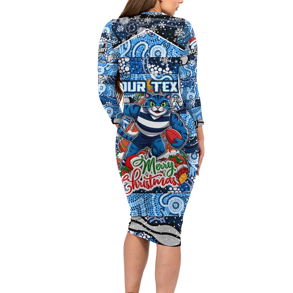 Custom Cats Rugby Merry Christmas Family Matching Long Sleeve Bodycon Dress and Hawaiian Shirt Indigenous Australian Art