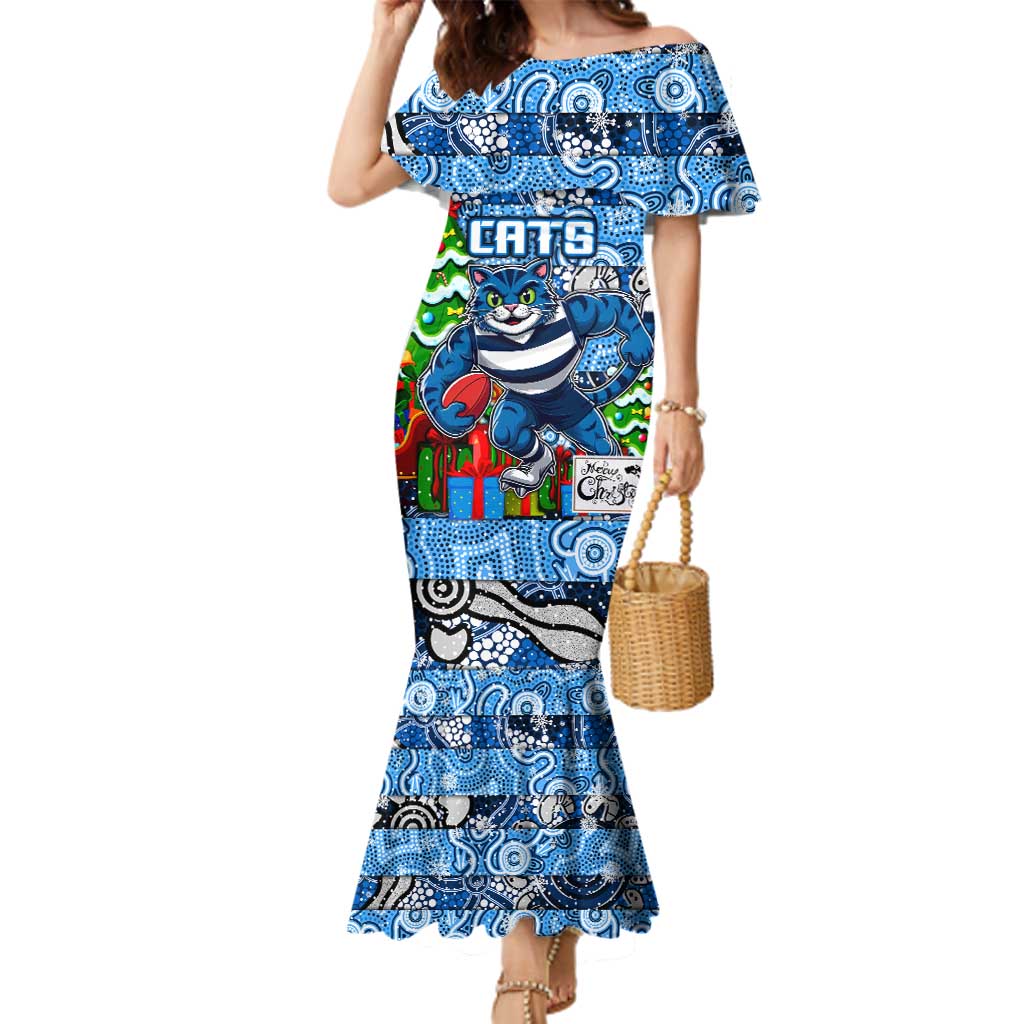 Custom Cats Rugby Merry Christmas Family Matching Mermaid Dress and Hawaiian Shirt Indigenous Australian Art