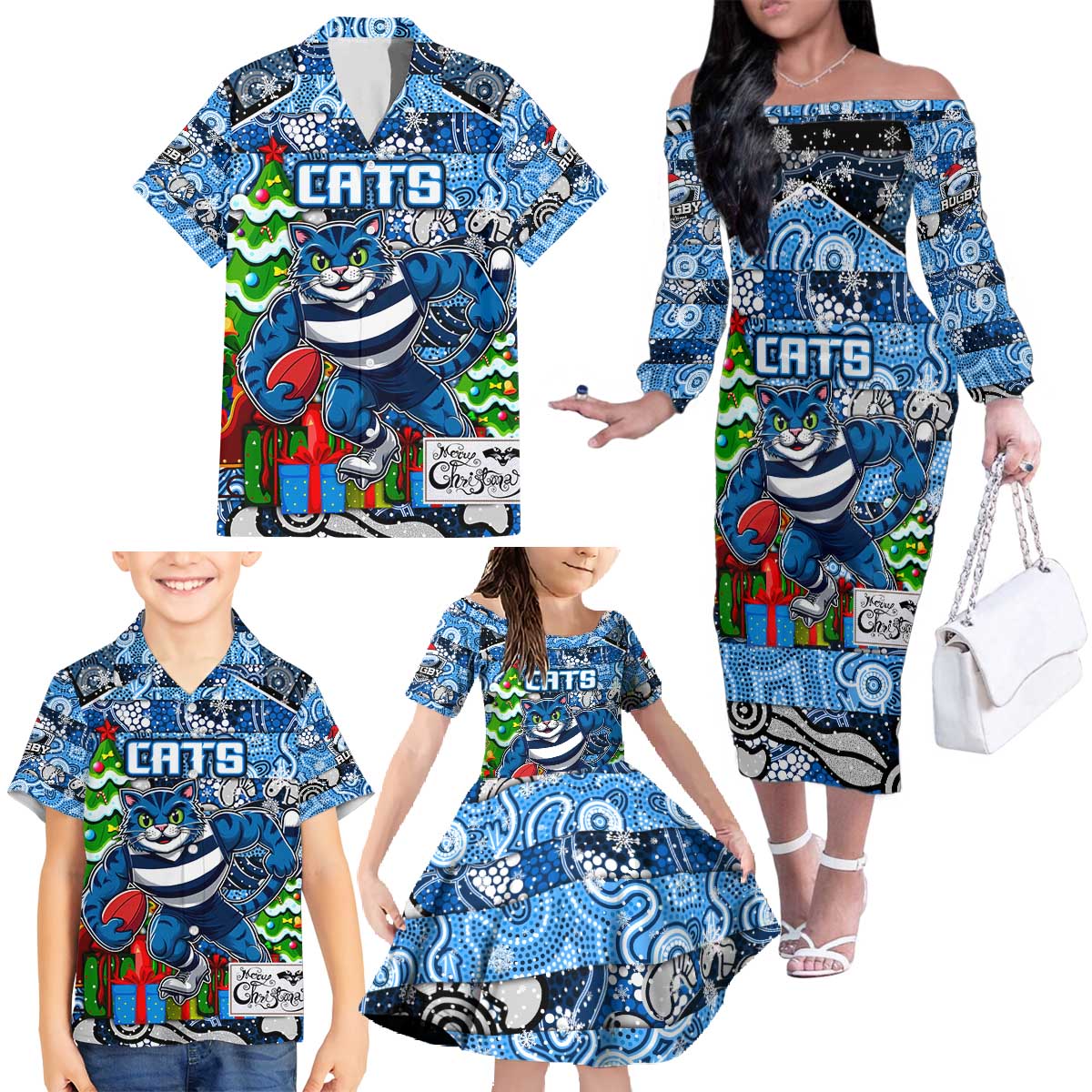 Custom Cats Rugby Merry Christmas Family Matching Off The Shoulder Long Sleeve Dress and Hawaiian Shirt Indigenous Australian Art