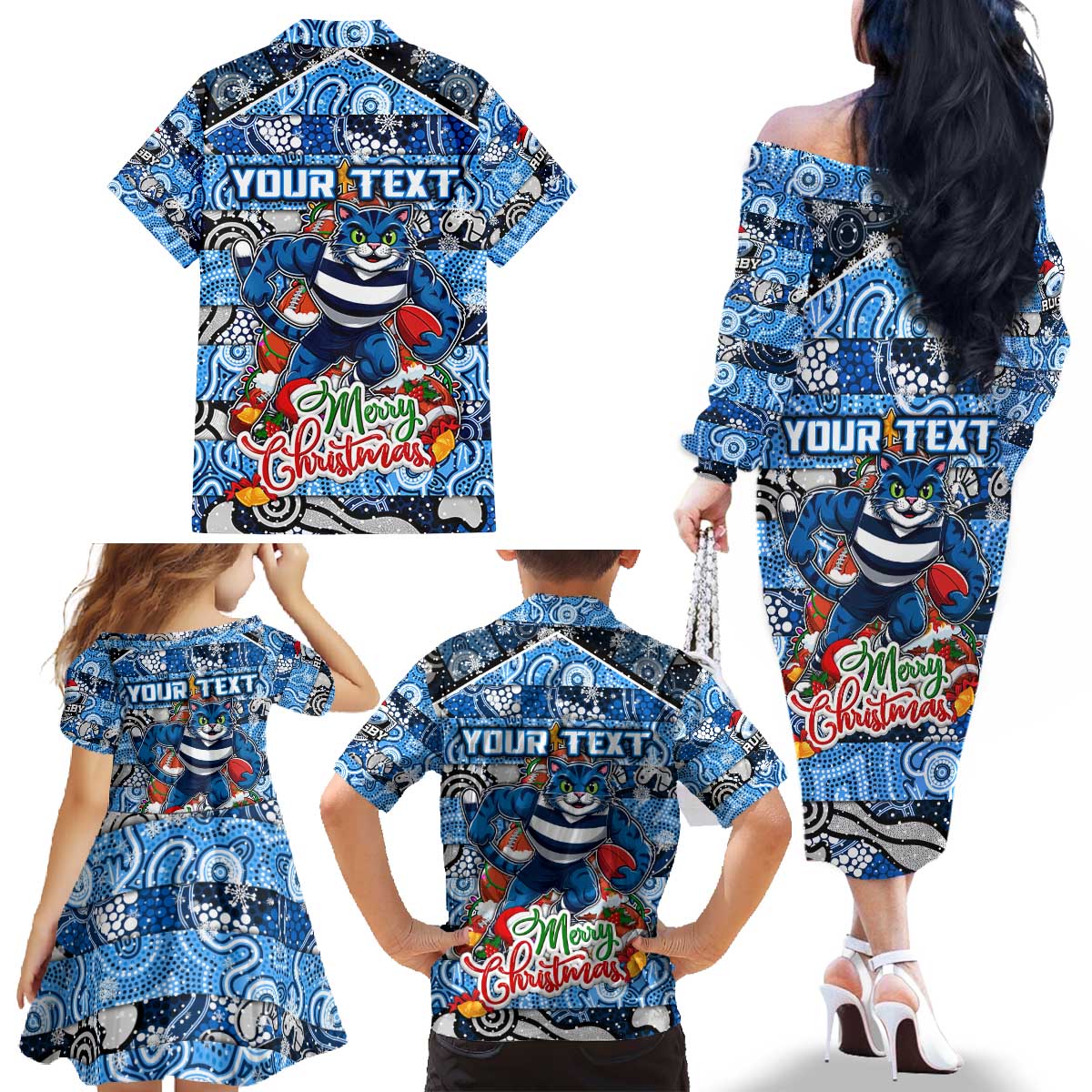 Custom Cats Rugby Merry Christmas Family Matching Off The Shoulder Long Sleeve Dress and Hawaiian Shirt Indigenous Australian Art