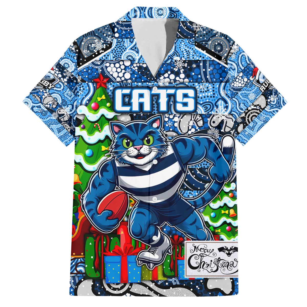 Custom Cats Rugby Merry Christmas Family Matching Off The Shoulder Long Sleeve Dress and Hawaiian Shirt Indigenous Australian Art