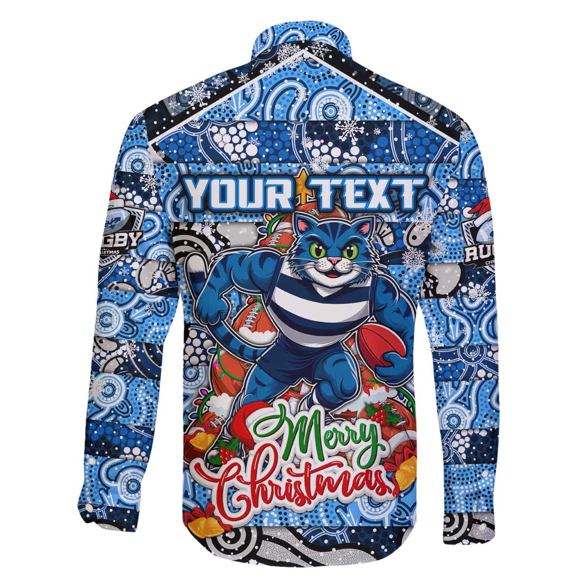 Custom Cats Rugby Merry Christmas Family Matching Off The Shoulder Long Sleeve Dress and Hawaiian Shirt Indigenous Australian Art