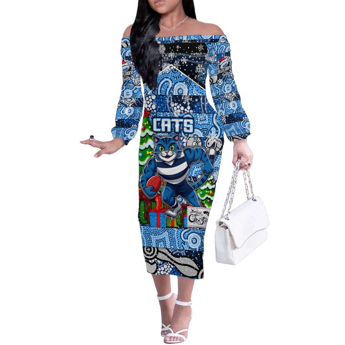 Custom Cats Rugby Merry Christmas Family Matching Off The Shoulder Long Sleeve Dress and Hawaiian Shirt Indigenous Australian Art