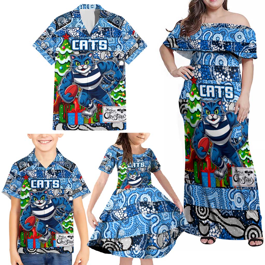 Custom Cats Rugby Merry Christmas Family Matching Off Shoulder Maxi Dress and Hawaiian Shirt Indigenous Australian Art