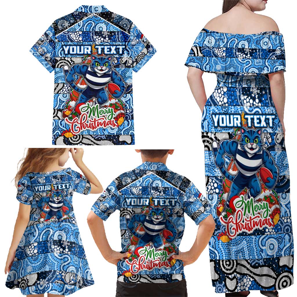 Custom Cats Rugby Merry Christmas Family Matching Off Shoulder Maxi Dress and Hawaiian Shirt Indigenous Australian Art