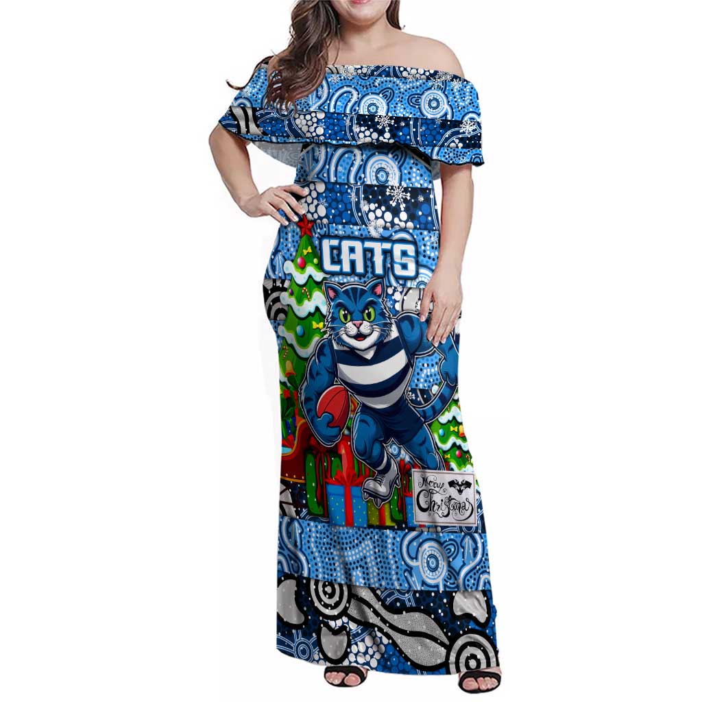 Custom Cats Rugby Merry Christmas Family Matching Off Shoulder Maxi Dress and Hawaiian Shirt Indigenous Australian Art