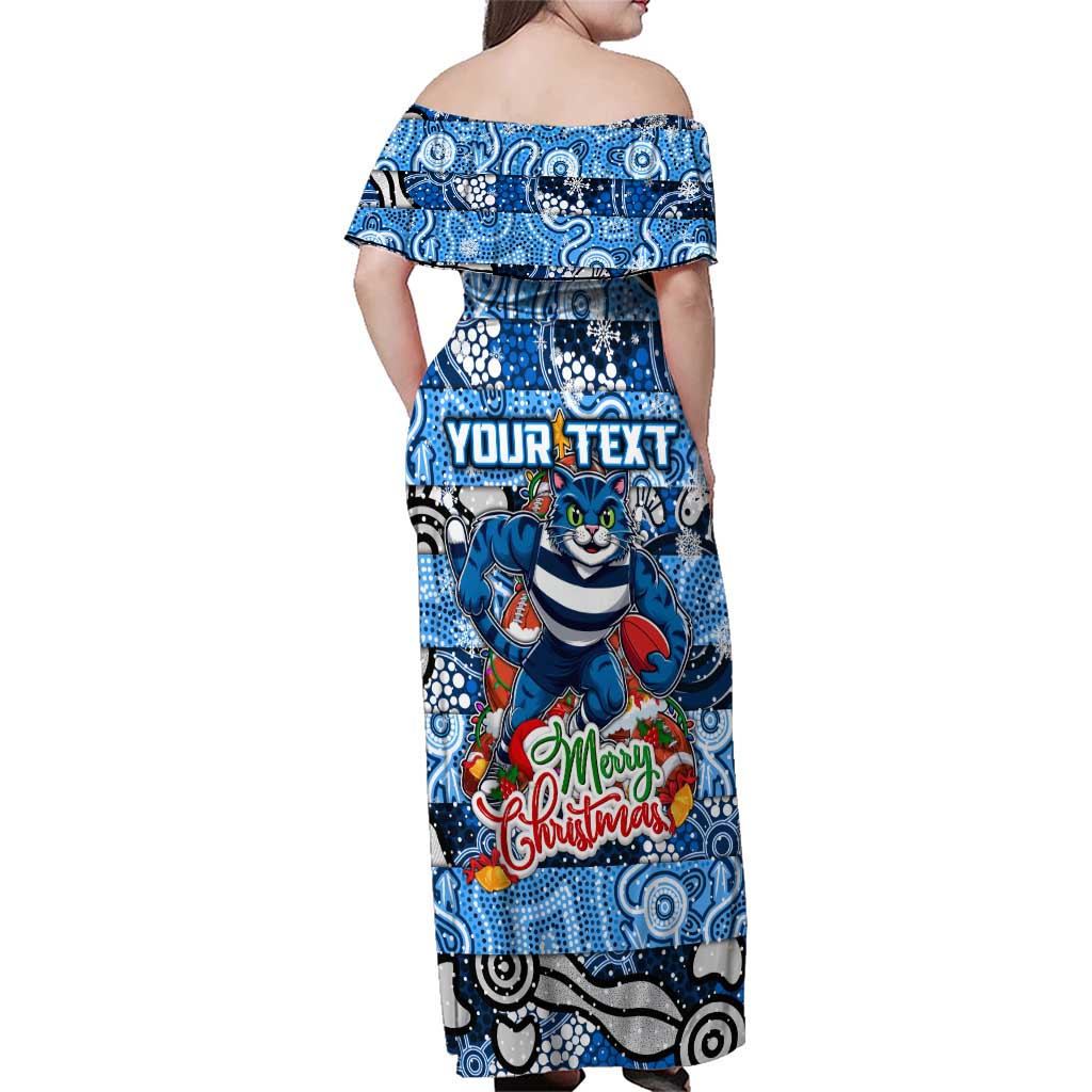 Custom Cats Rugby Merry Christmas Family Matching Off Shoulder Maxi Dress and Hawaiian Shirt Indigenous Australian Art