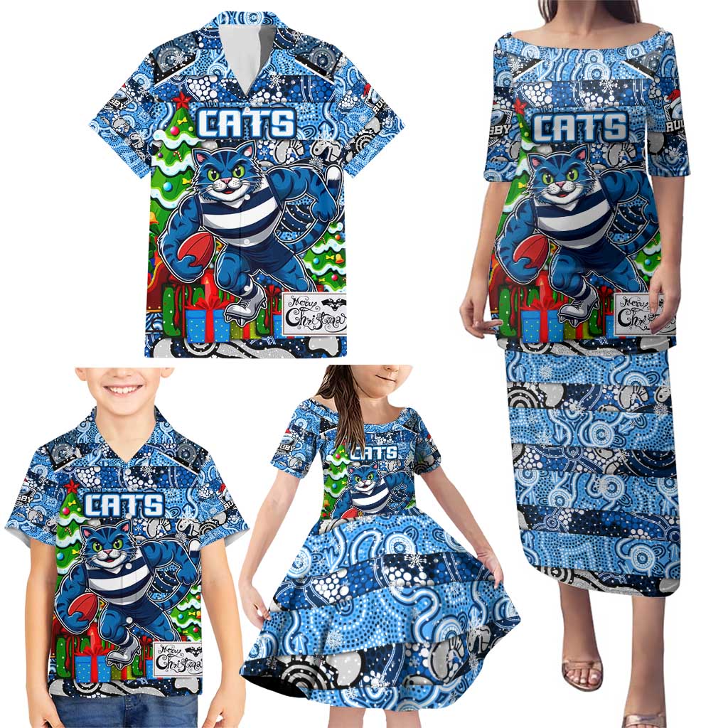 Custom Cats Rugby Merry Christmas Family Matching Puletasi and Hawaiian Shirt Indigenous Australian Art