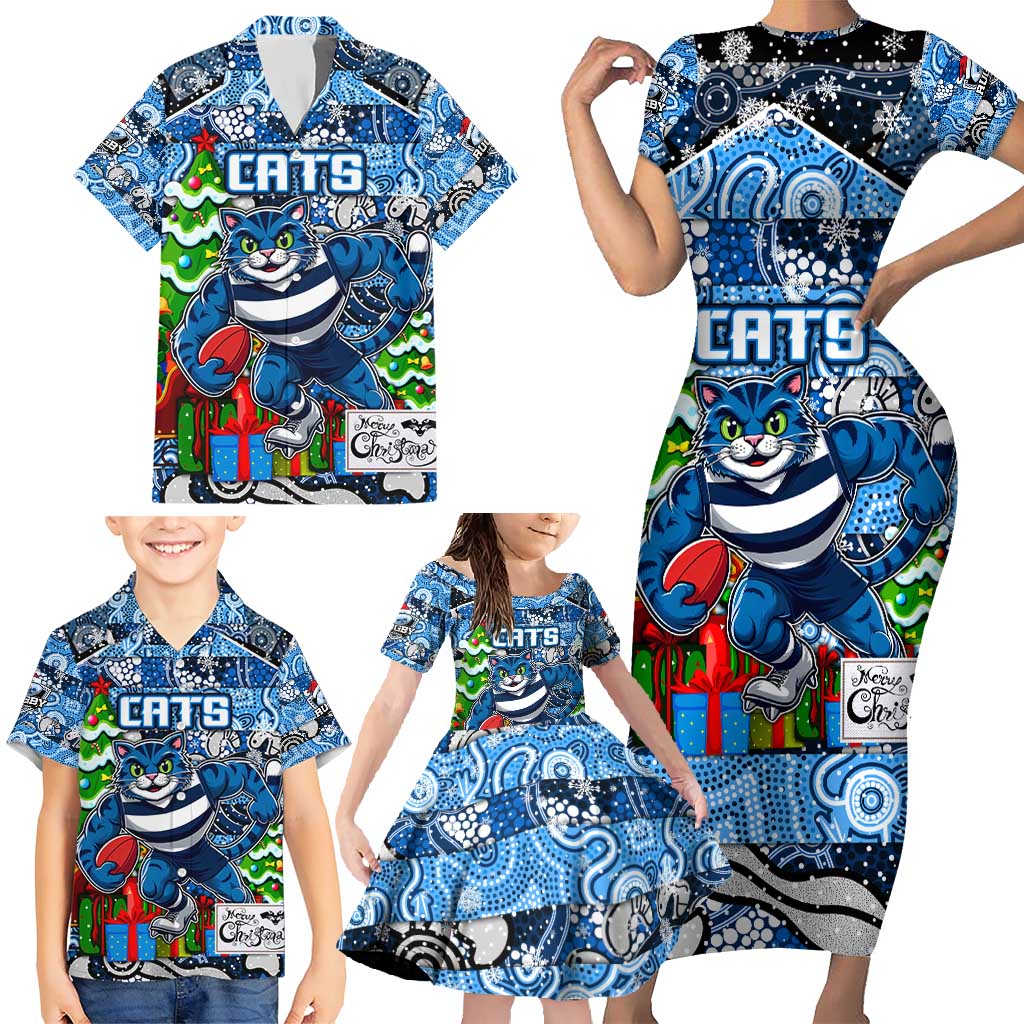 Custom Cats Rugby Merry Christmas Family Matching Short Sleeve Bodycon Dress and Hawaiian Shirt Indigenous Australian Art
