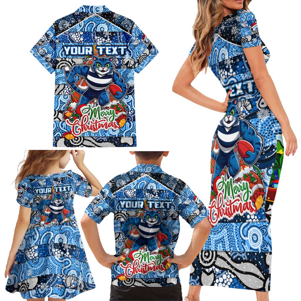 Custom Cats Rugby Merry Christmas Family Matching Short Sleeve Bodycon Dress and Hawaiian Shirt Indigenous Australian Art