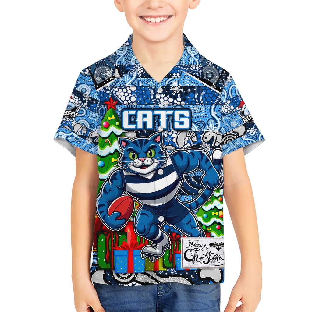 Custom Cats Rugby Merry Christmas Family Matching Short Sleeve Bodycon Dress and Hawaiian Shirt Indigenous Australian Art