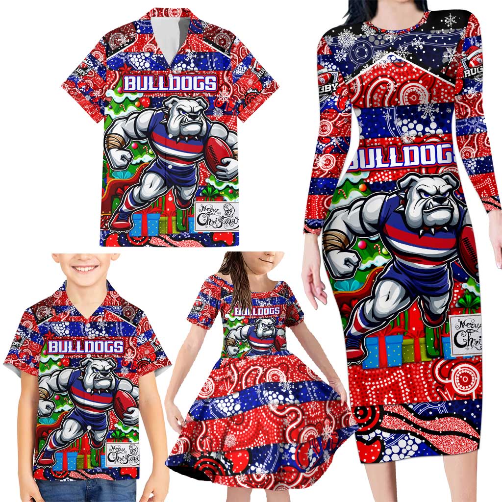 Custom Bulldogs Football Merry Christmas Family Matching Long Sleeve Bodycon Dress and Hawaiian Shirt Indigenous Australian Art