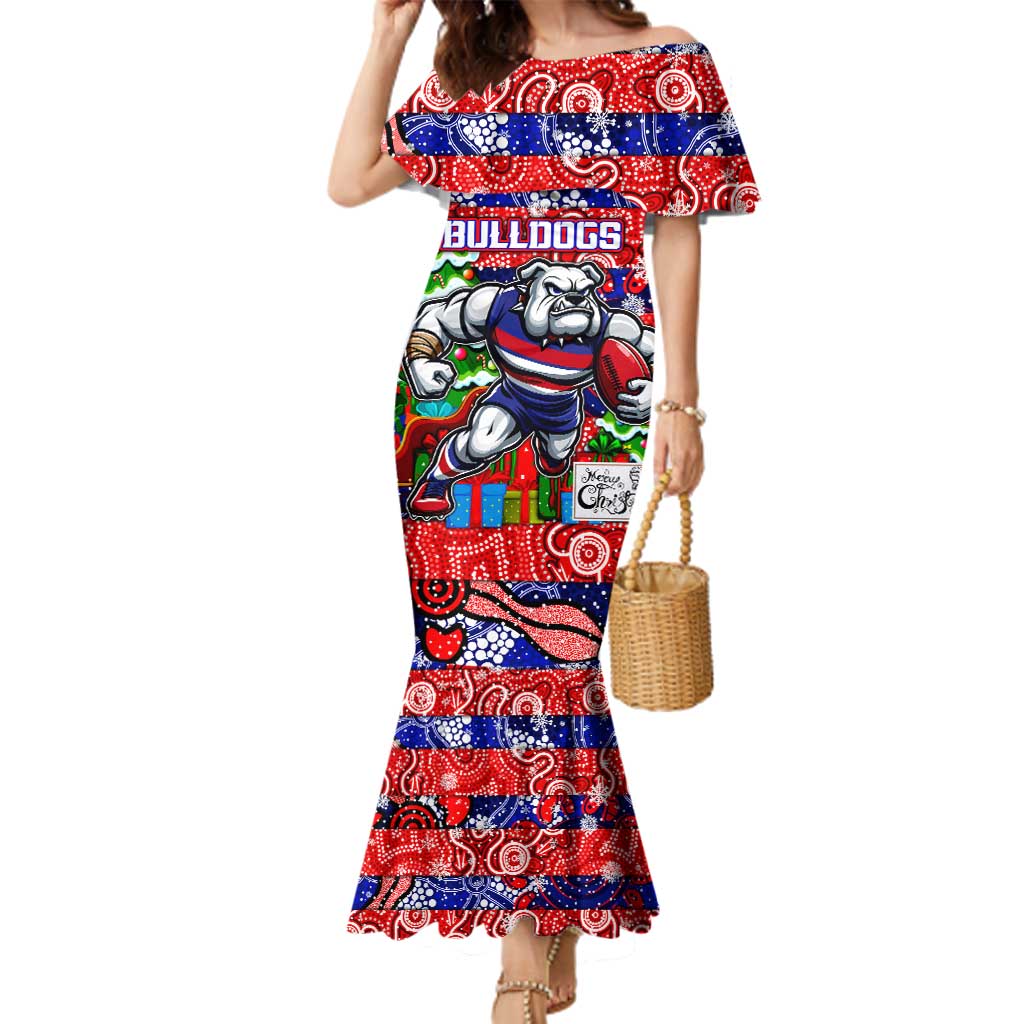 Custom Bulldogs Football Merry Christmas Family Matching Mermaid Dress and Hawaiian Shirt Indigenous Australian Art