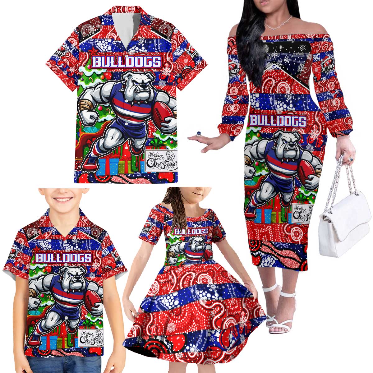 Custom Bulldogs Football Merry Christmas Family Matching Off The Shoulder Long Sleeve Dress and Hawaiian Shirt Indigenous Australian Art