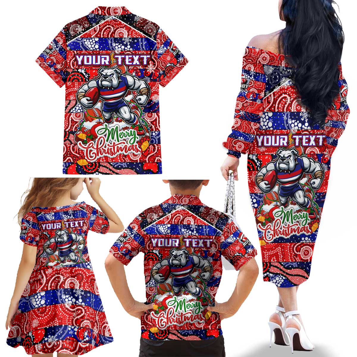 Custom Bulldogs Football Merry Christmas Family Matching Off The Shoulder Long Sleeve Dress and Hawaiian Shirt Indigenous Australian Art