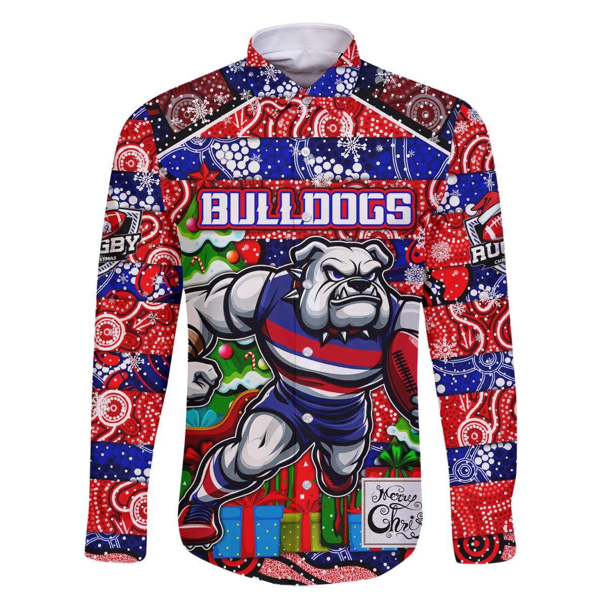 Custom Bulldogs Football Merry Christmas Family Matching Off The Shoulder Long Sleeve Dress and Hawaiian Shirt Indigenous Australian Art