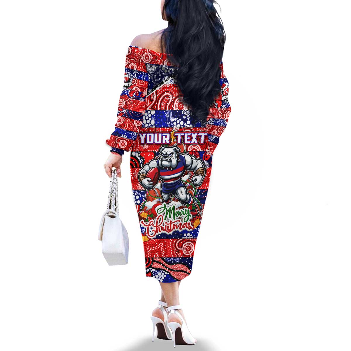 Custom Bulldogs Football Merry Christmas Family Matching Off The Shoulder Long Sleeve Dress and Hawaiian Shirt Indigenous Australian Art