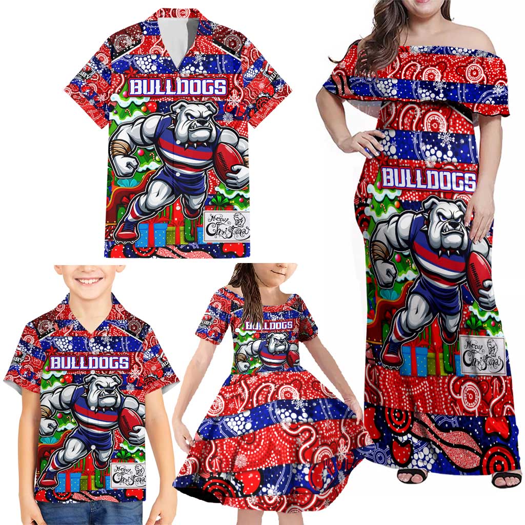 Custom Bulldogs Football Merry Christmas Family Matching Off Shoulder Maxi Dress and Hawaiian Shirt Indigenous Australian Art