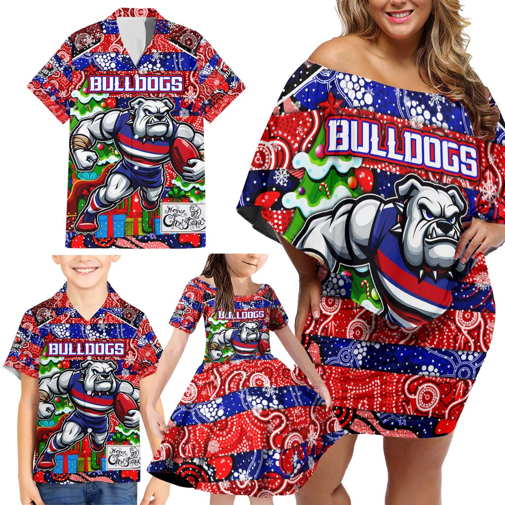 Custom Bulldogs Football Merry Christmas Family Matching Off Shoulder Short Dress and Hawaiian Shirt Indigenous Australian Art