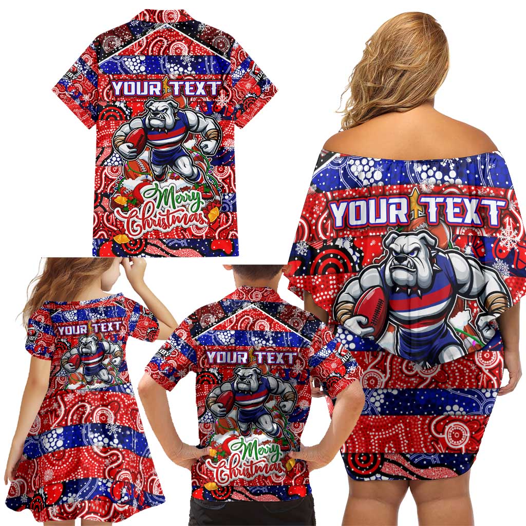Custom Bulldogs Football Merry Christmas Family Matching Off Shoulder Short Dress and Hawaiian Shirt Indigenous Australian Art