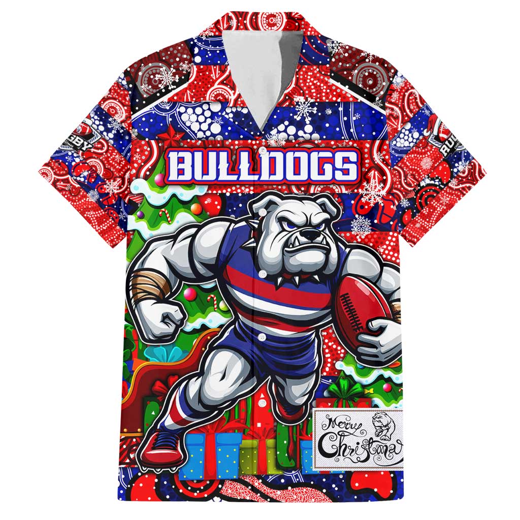 Custom Bulldogs Football Merry Christmas Family Matching Off Shoulder Short Dress and Hawaiian Shirt Indigenous Australian Art