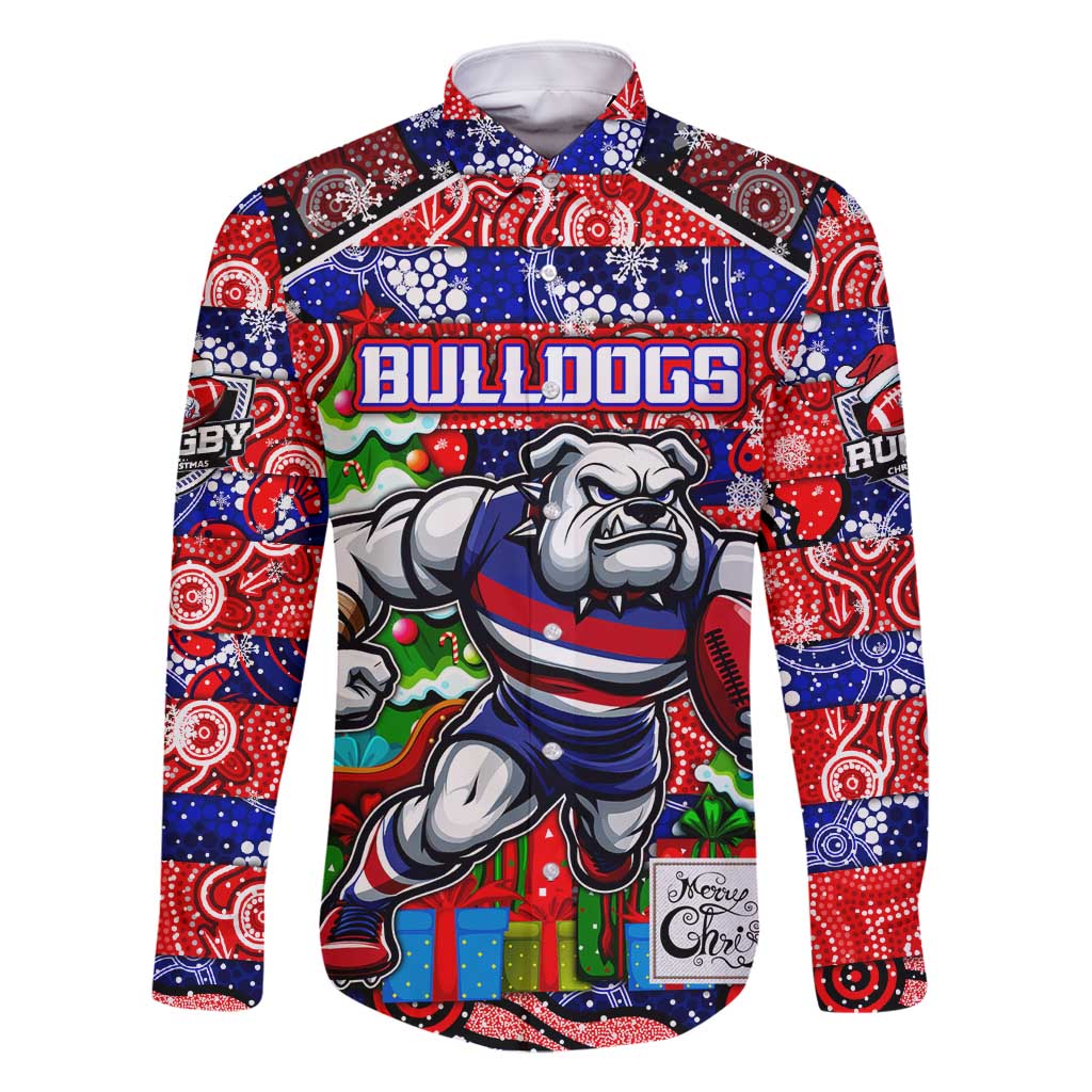 Custom Bulldogs Football Merry Christmas Family Matching Off Shoulder Short Dress and Hawaiian Shirt Indigenous Australian Art