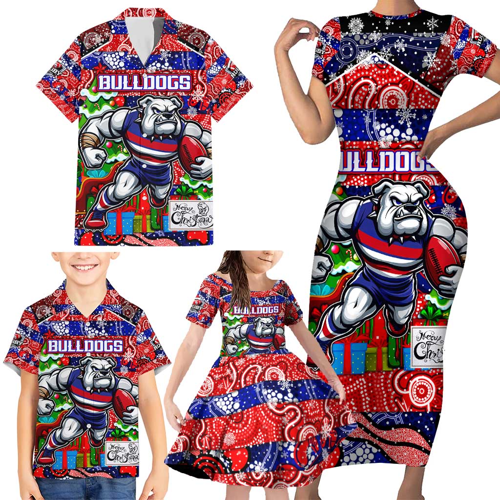 Custom Bulldogs Football Merry Christmas Family Matching Short Sleeve Bodycon Dress and Hawaiian Shirt Indigenous Australian Art